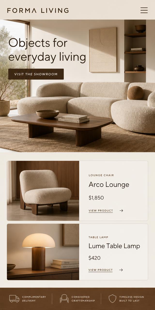 FORMA LIVING website concept, mobile view