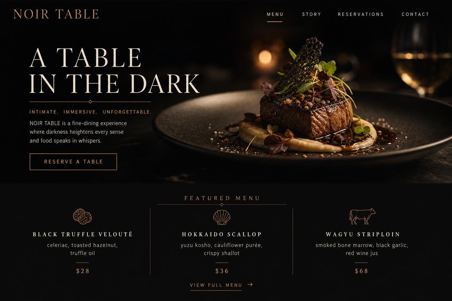 NOIR TABLE website concept, desktop view