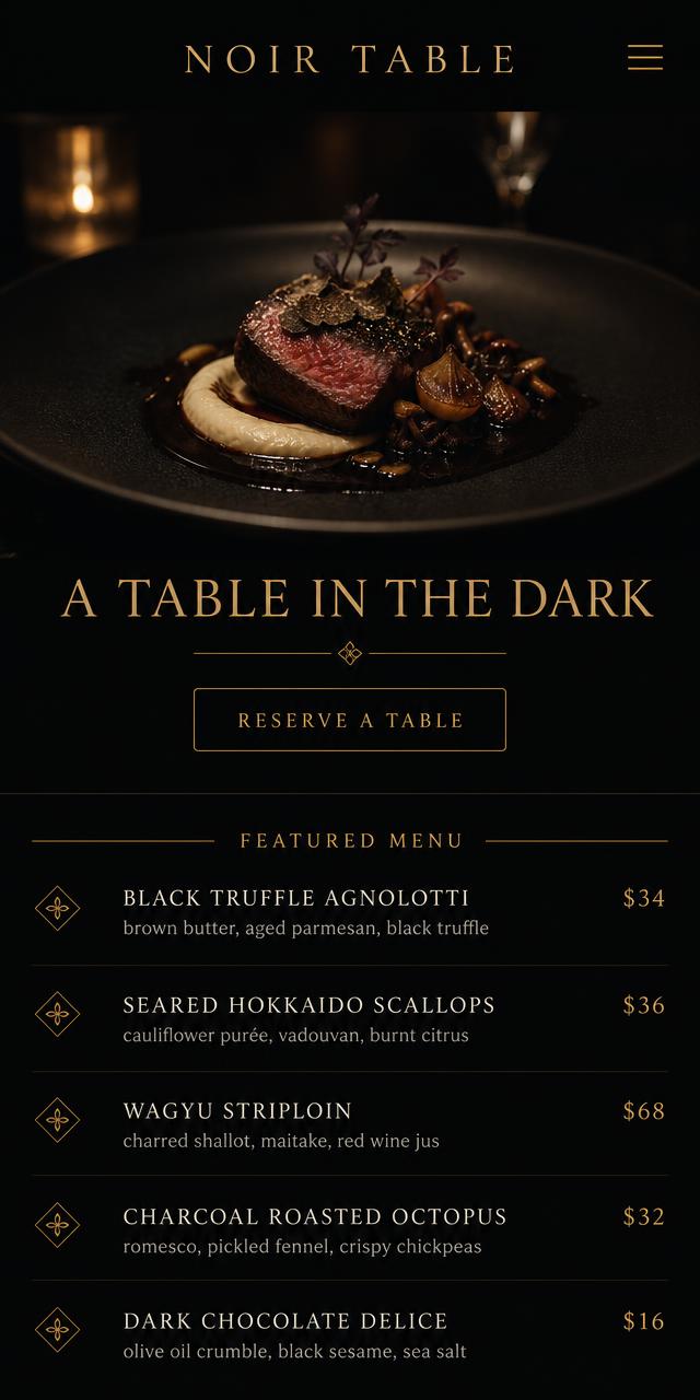 NOIR TABLE website concept, mobile view