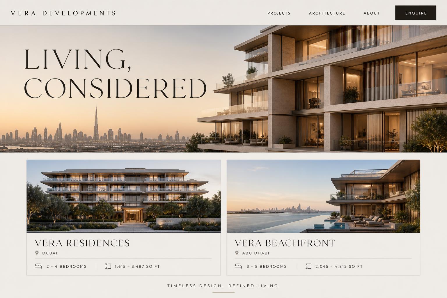 VERA DEVELOPMENTS website concept, desktop view