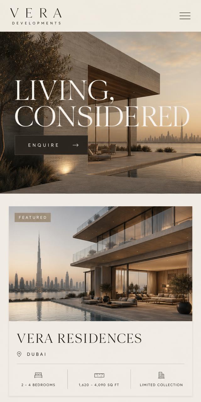 VERA DEVELOPMENTS website concept, mobile view